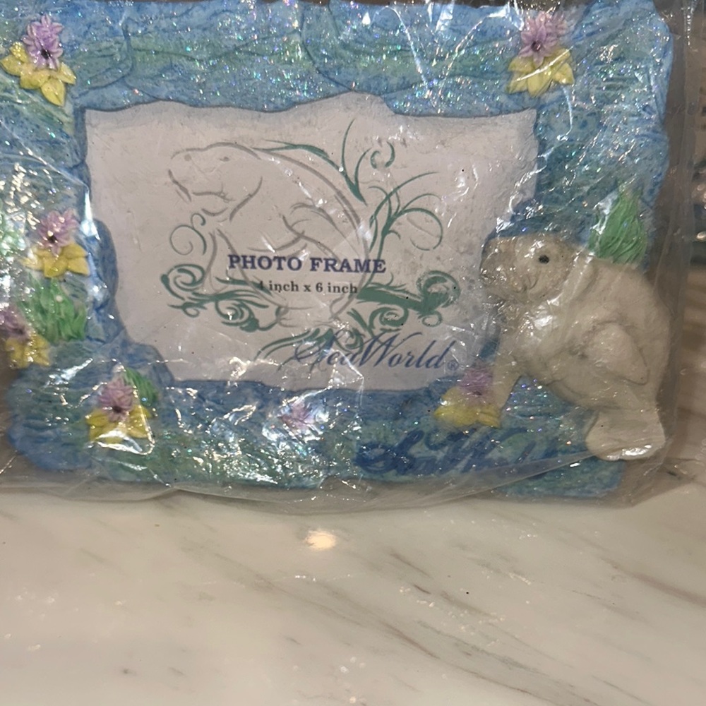 Manatees Blue Photo Frame with Floral Accents   From Sea World Orlando